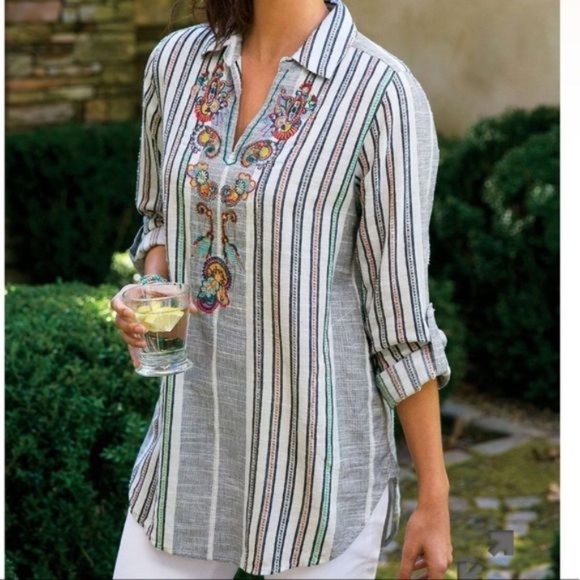 SOFT Surroundings Aruba Embroidered Pullover Tunic Top Rainbow Stripe Sz Medium - Picture 1 of 14